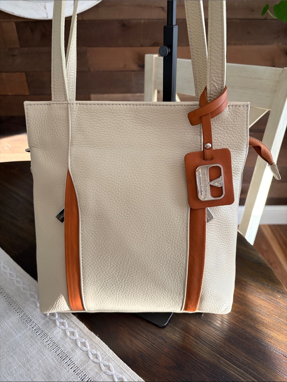 Valentina Cream Pebbled Leather Convertible Backpack Cognac Zipper accent.